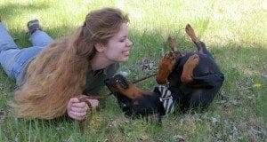 Laura laughing with Laev being silly