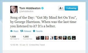Song of the Day tweet by Tom Hiddleston.