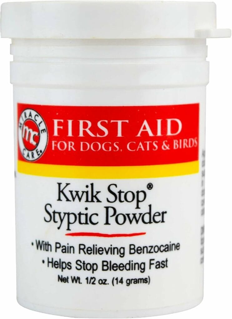 A white container of Miracle Care Kwik Stop Styptic Powder for dogs, cats, and birds. This essential grooming tool contains pain-relieving benzocaine and helps stop bleeding fast. The label highlights its effectiveness. Net weight is 0.5 ounces (14 grams).