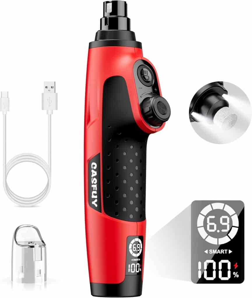 A red and black pet nail grinder tool, featuring an LED display showing 6.9 and 100%, along with a USB charging cable and protective cap. An inset image highlights the grinding head for precision grooming.