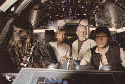 Han Solo, Chewbacca, Luke, Obi Wan in Millennium Falcon